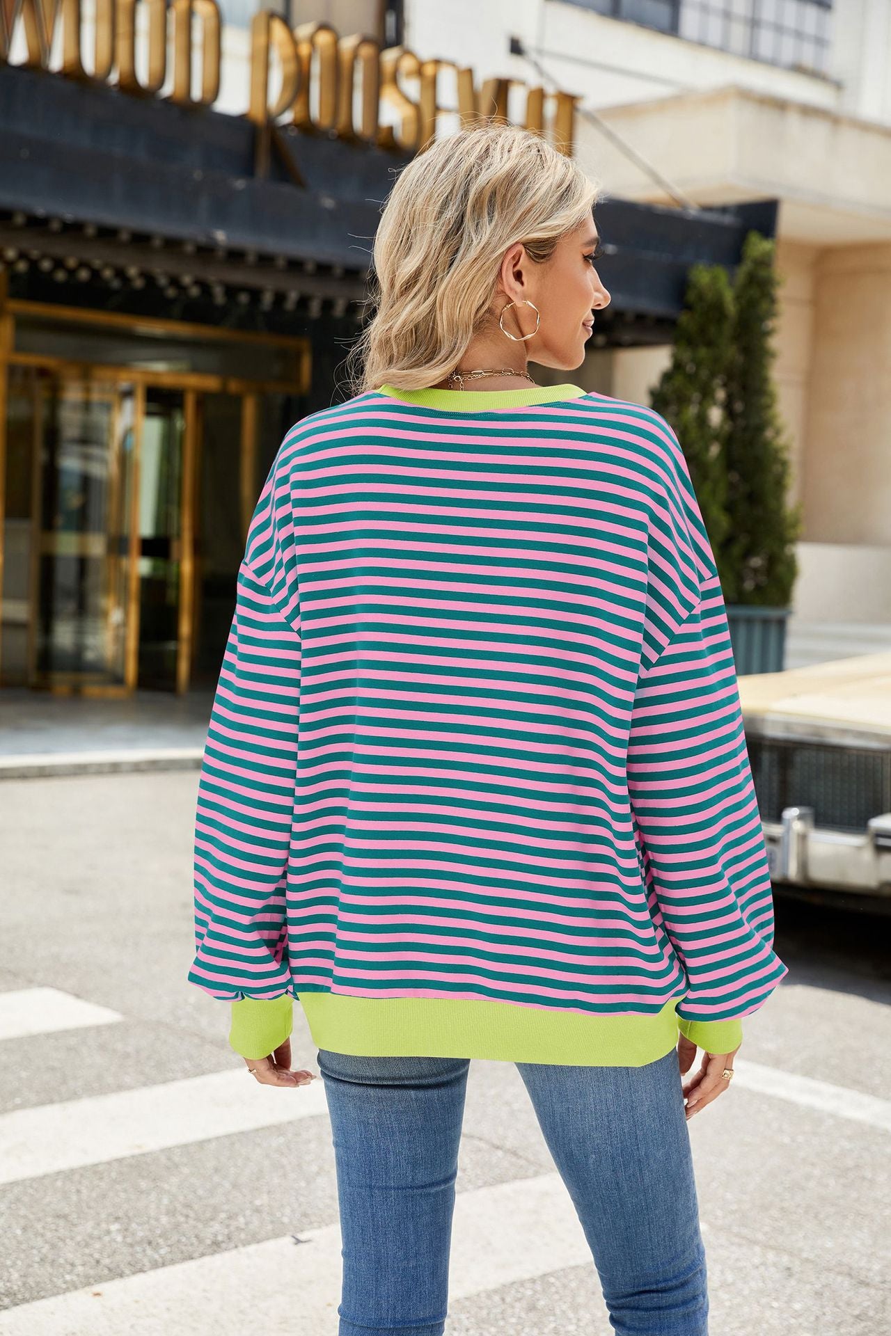 Striped Color Block Crew Neck Loose Fit Long Sleeve Sweatshirt
