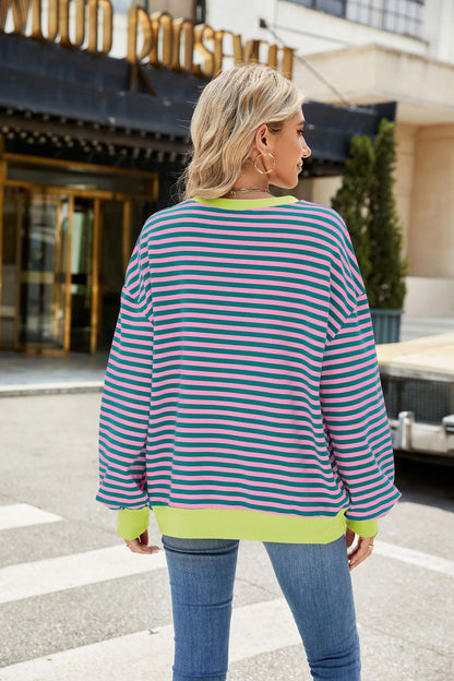 Striped Color Block Crew Neck Loose Fit Long Sleeve Sweatshirt
