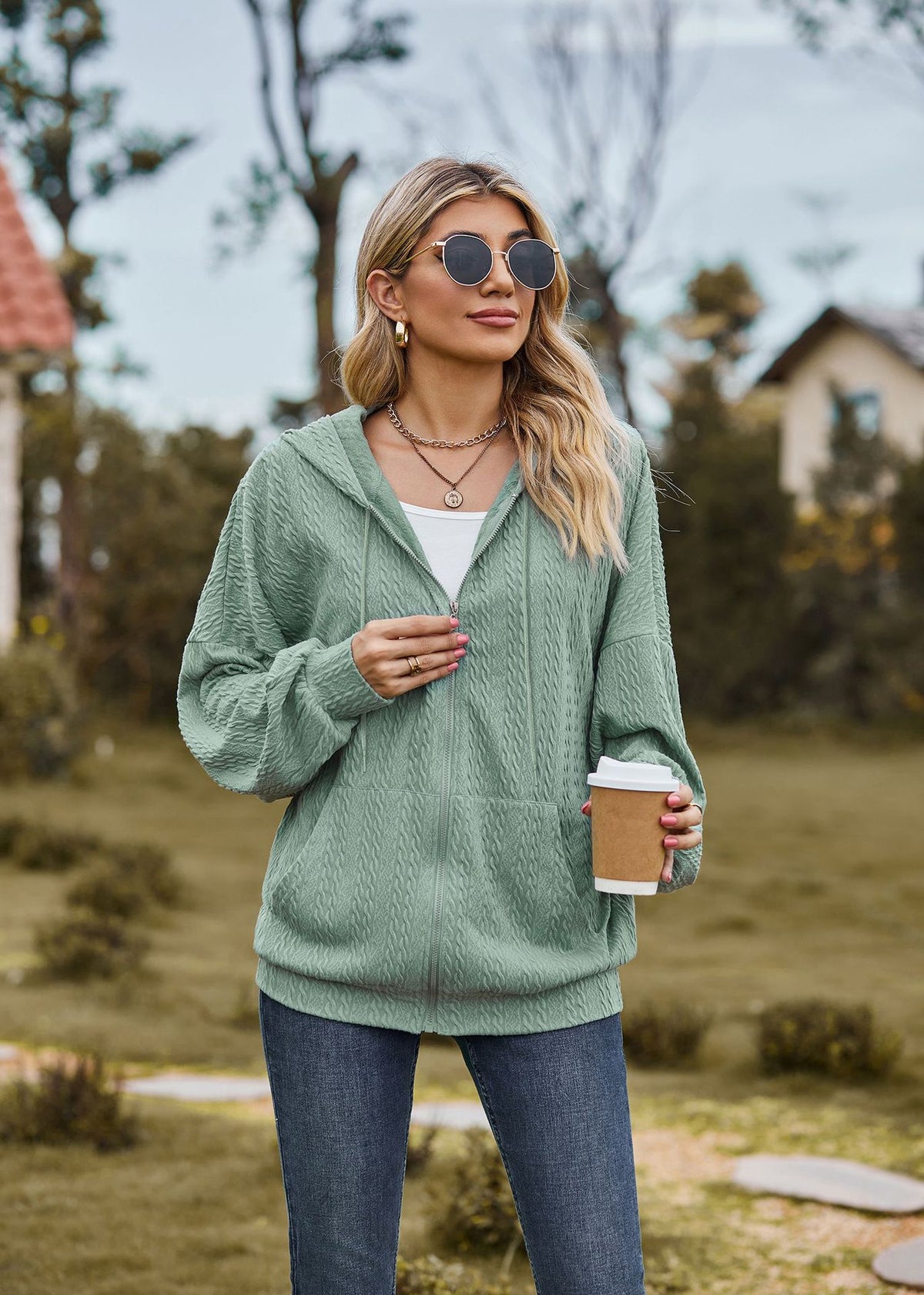 Oversized Textured Zip-Up Hoodie Jacket Pockets