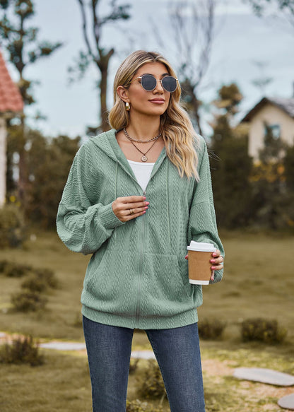 Oversized Textured Zip-Up Hoodie Jacket Pockets