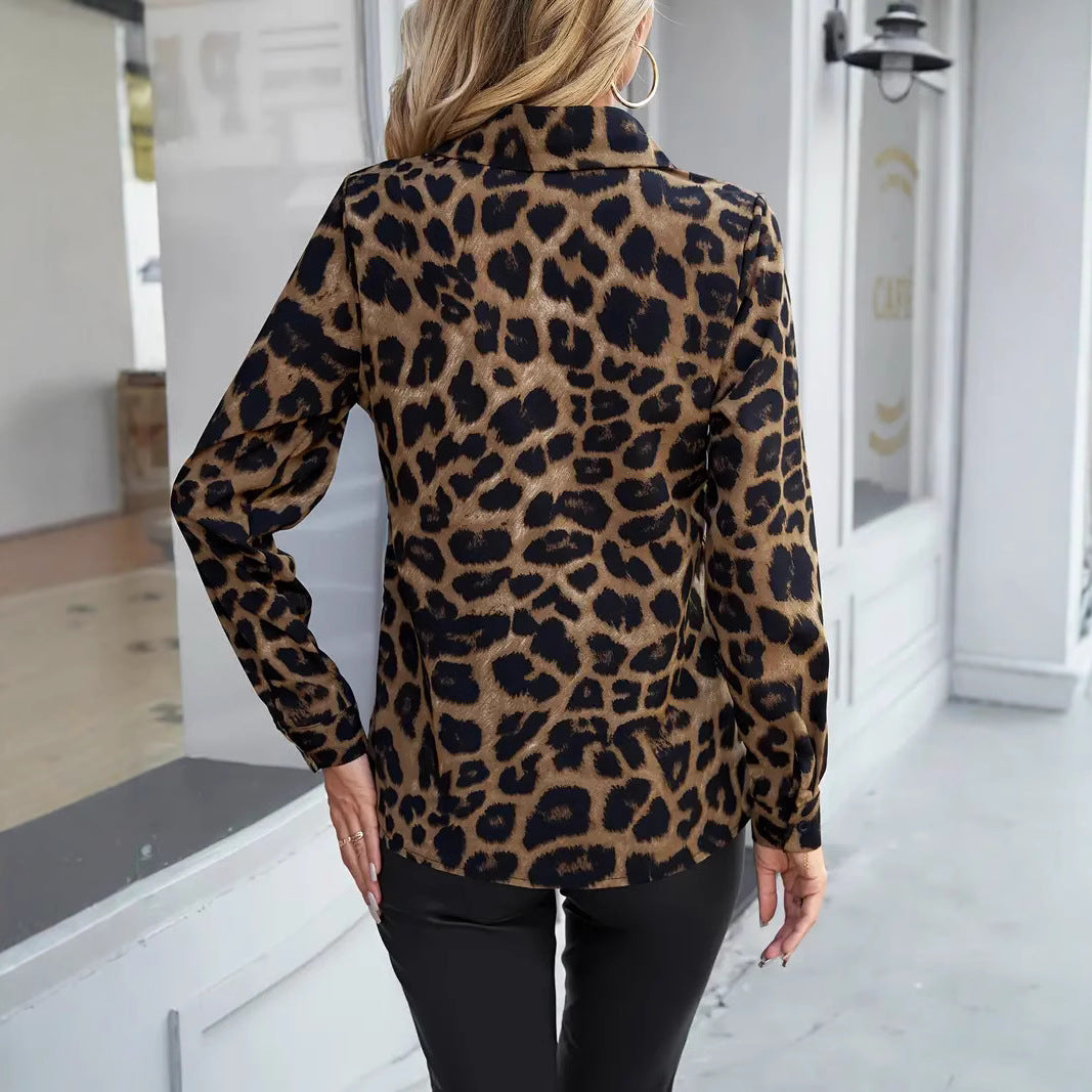 Women's Leopard Print Button Down Long Sleeve Blouse