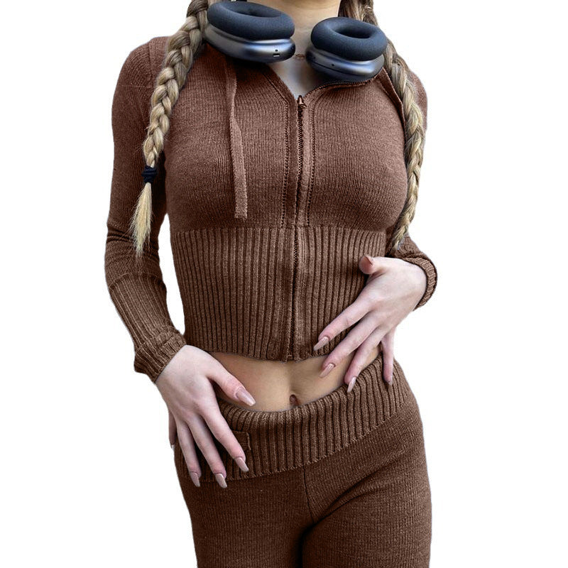 Women's Ribbed Knit Hoodie & Pants Two Piece Set