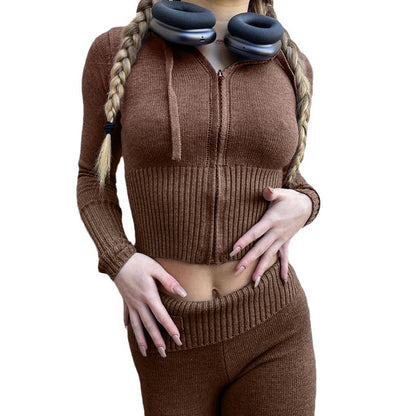 Women's Ribbed Knit Hoodie & Pants Two Piece Set