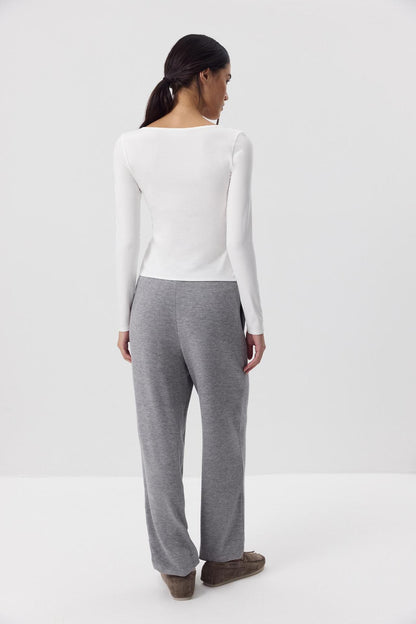 Women's Soft Modal U-Neck Button Fitted Long Sleeve Top