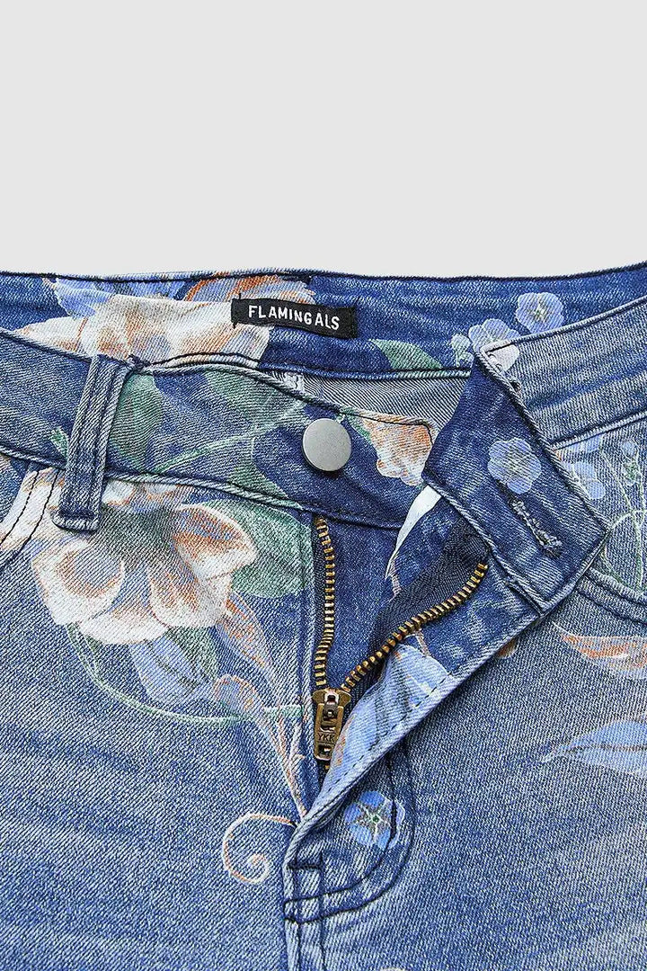 Floral Print High Waist Wide Leg Denim Jeans