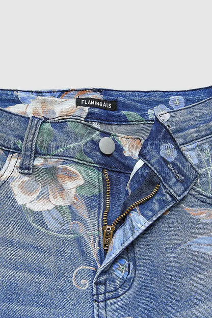 Floral Print High Waist Wide Leg Denim Jeans