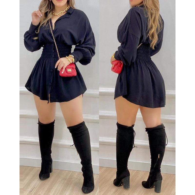 Women's Printed Smocked Waist Long Sleeve Shirt Dress
