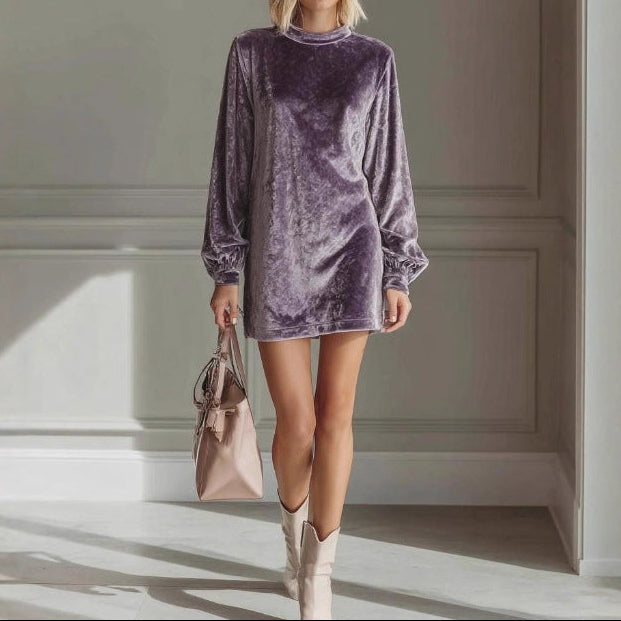 Elegant Crushed Velvet Mini Dress Long Sleeve Crew Neck
