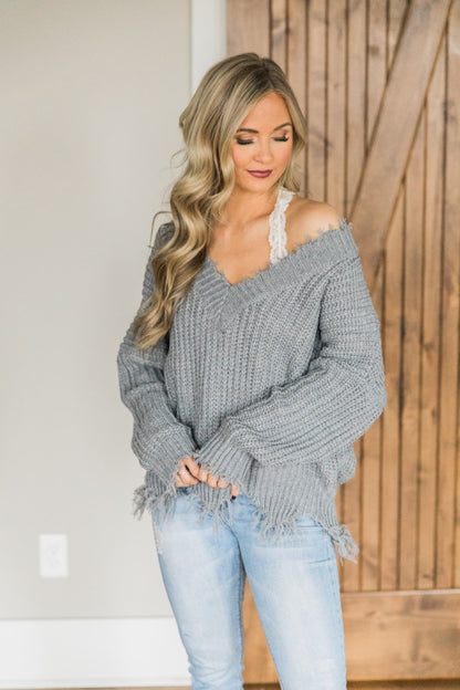 Oversized Deep V Neck Distressed Sweater Frayed Hem