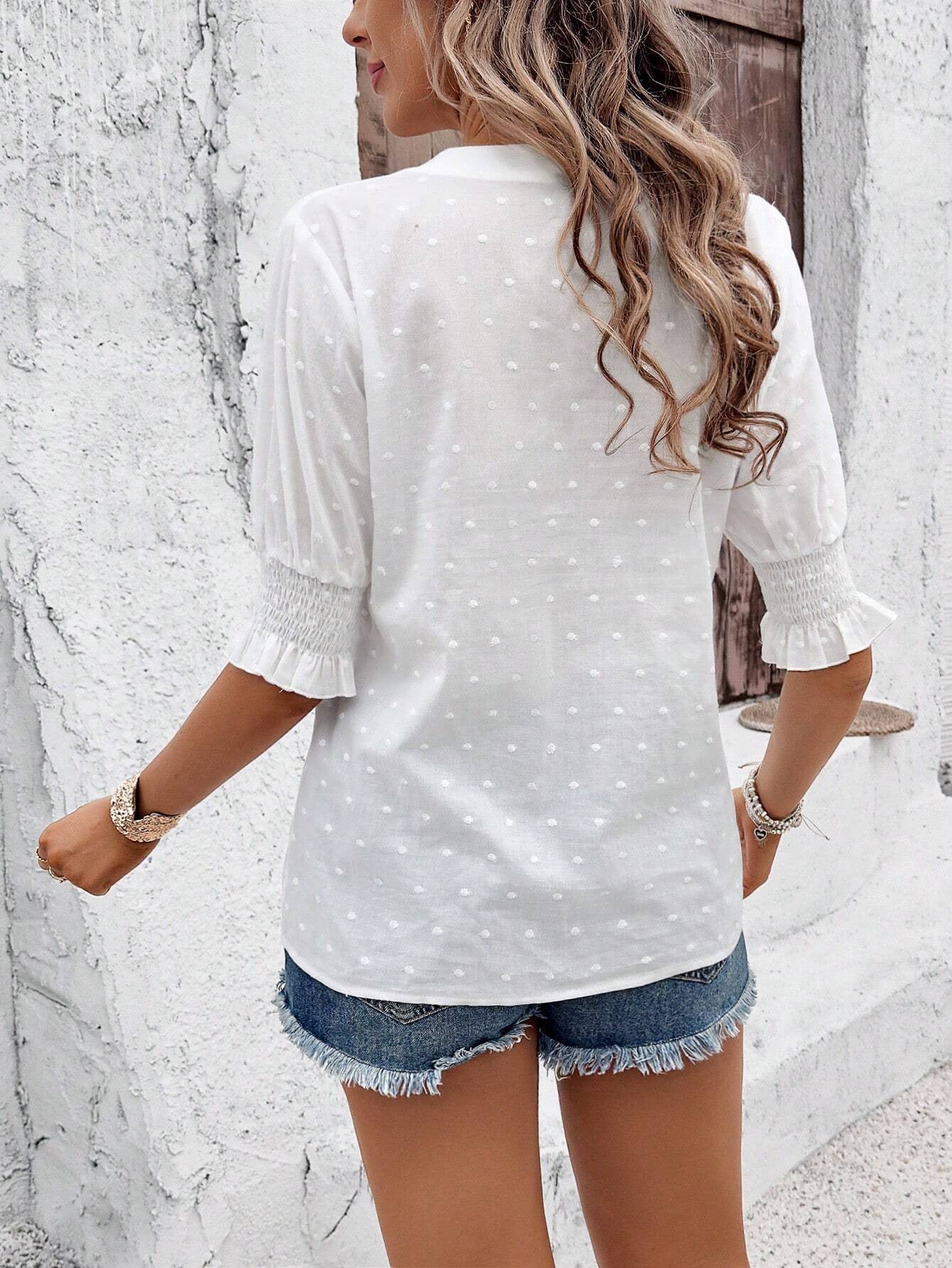 Mint Green Eyelet V Neck Boho Puff Sleeve Top