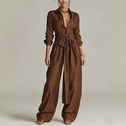 Tie Waist Wide Leg Jumpsuit Long Sleeve Solid Chic