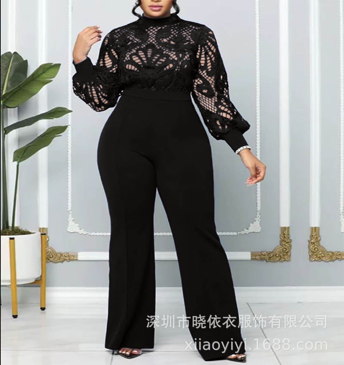 Women Long Sleeve Lace Wide Leg Jumpsuit Elegant