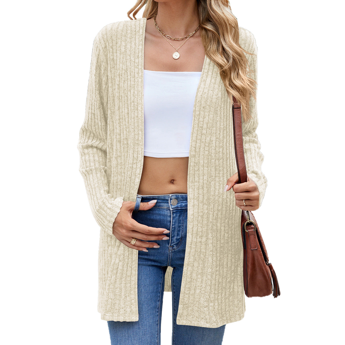 Women's Oversized Ribbed Open Front Brushed Cardigan