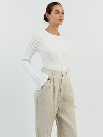 Women's Ribbed Crew Neck Long Sleeve Fitted Sweater