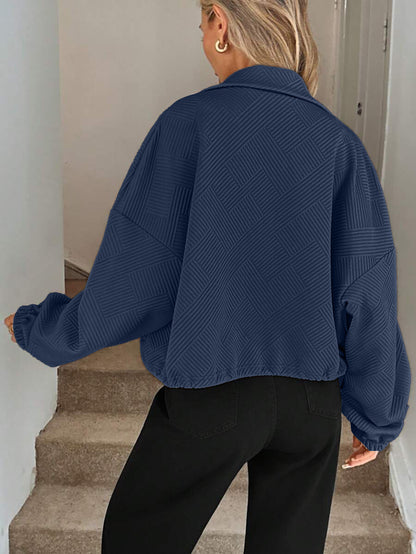 Textured Zip Up Bomber Jacket Drawstring Hem Casual Coat