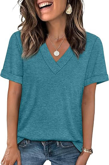 Women's V-Neck Short Sleeve Soft Cotton Casual T-Shirt Top