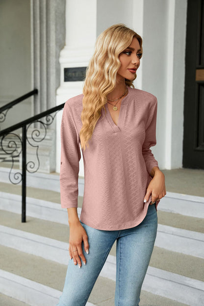 Womens V Neck 3/4 Sleeve Button Loose Tunic Top