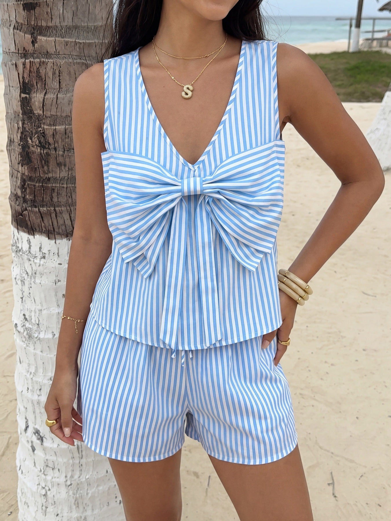 Striped Bow Detail Two Piece Shorts Set Resort Style