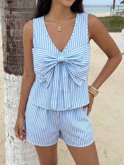 Striped Bow Detail Two Piece Shorts Set Resort Style