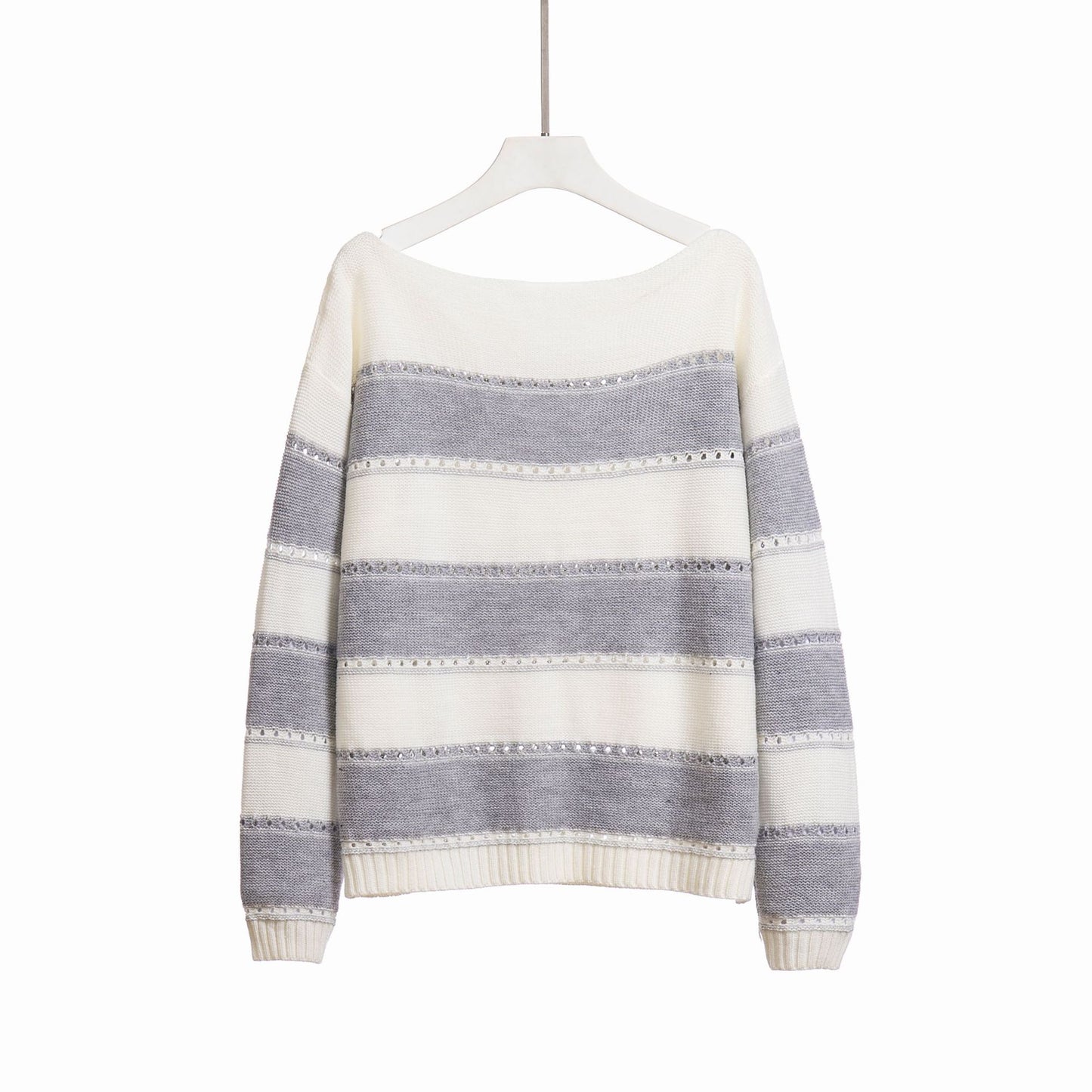 Women's Off Shoulder Striped Crochet Knit Sweater