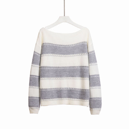 Women's Off Shoulder Striped Crochet Knit Sweater