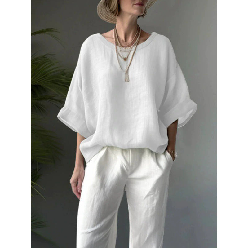 Oversized Linen Blend Drop Shoulder Boho Pullover Blouse