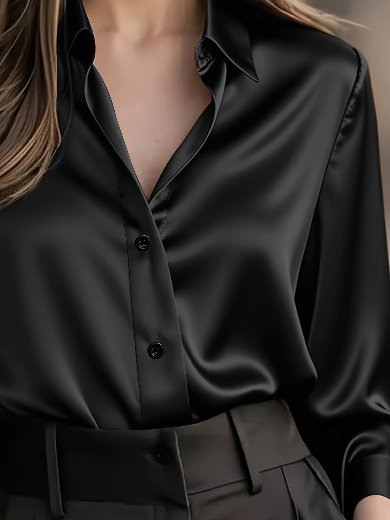 Women's Satin Button Down Shirt Long Sleeve Work Blouse