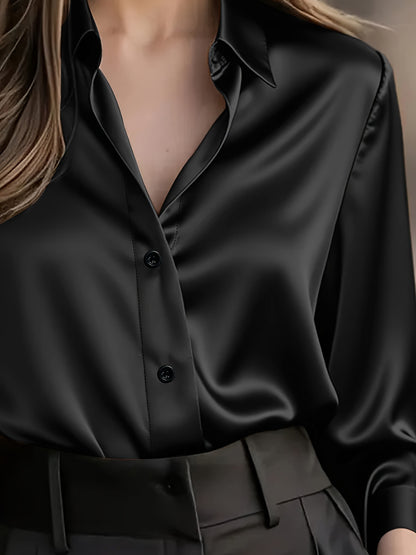 Women's Satin Button Down Shirt Long Sleeve Work Blouse