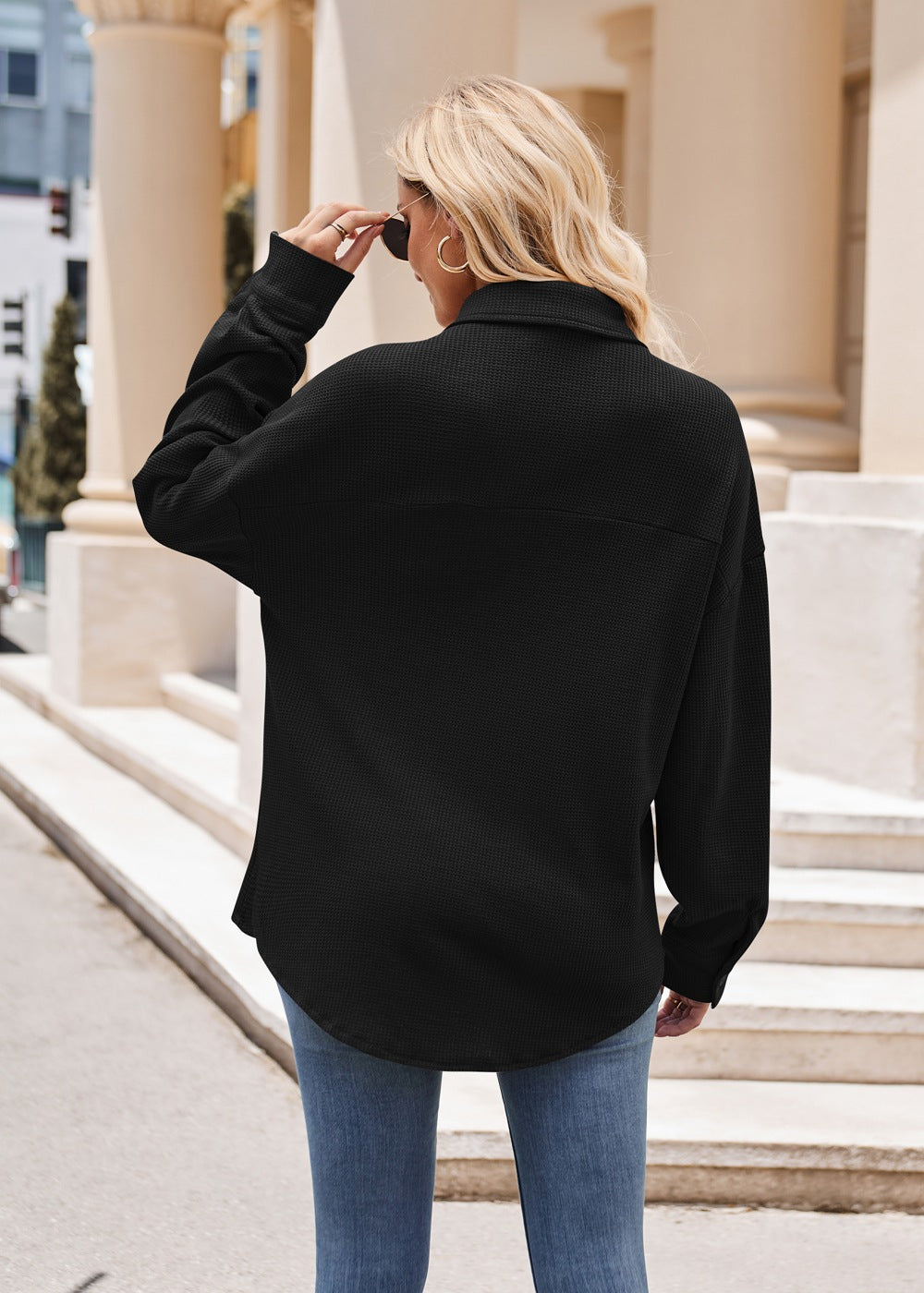 Women’s Casual Loose Fit Button Down Waffle Knit Shirt Jacket