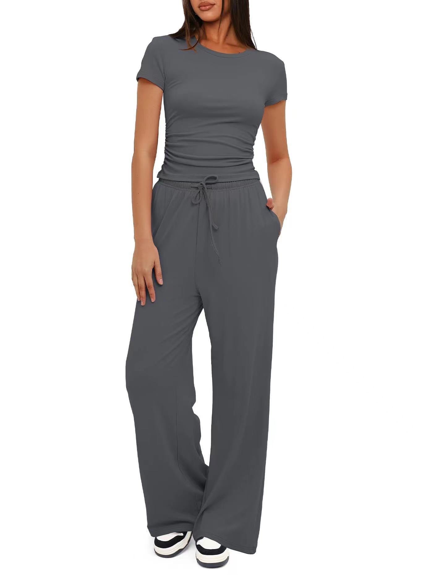 Women's Ruched Top Wide Leg Pants Two Piece Lounge Set