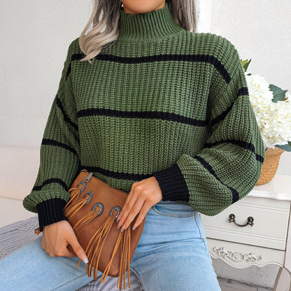 2025 Fall/Winter Casual Striped Lantern Sleeve Knit Sweater