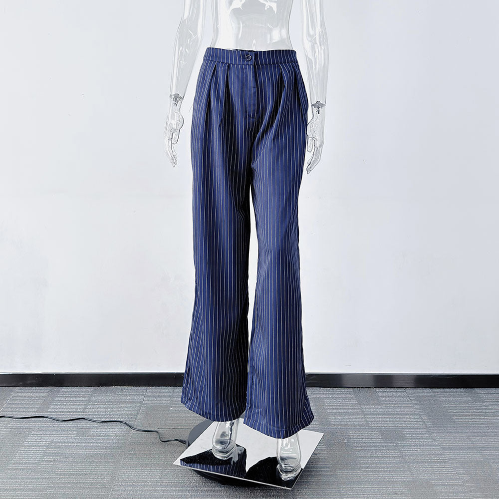Women's Navy Striped High Waist Wide Leg Trousers