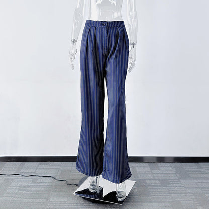Women's Navy Striped High Waist Wide Leg Trousers