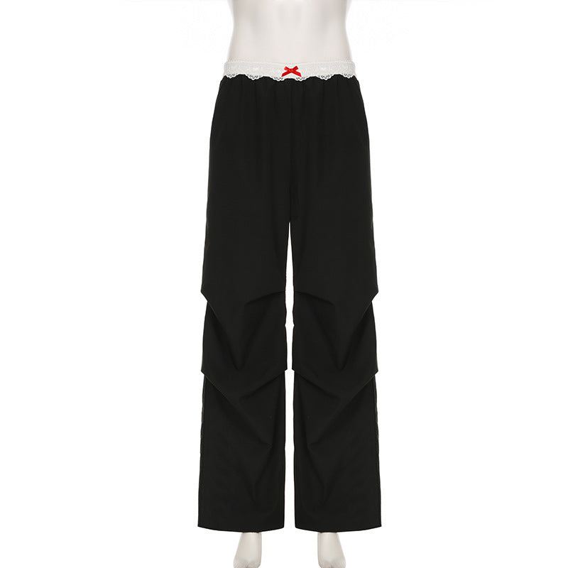 Lace Trim High Waist Baggy Cargo Pants Wide Leg