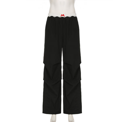 Lace Trim High Waist Baggy Cargo Pants Wide Leg