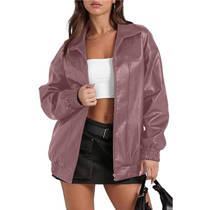 Womens Faux Leather Jacket Zip Front Pockets Casual