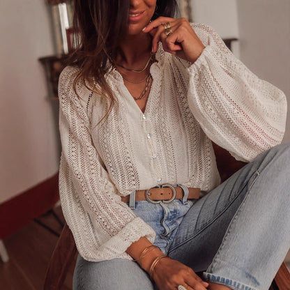 Women's Crochet Balloon Sleeve V Neck Blouse