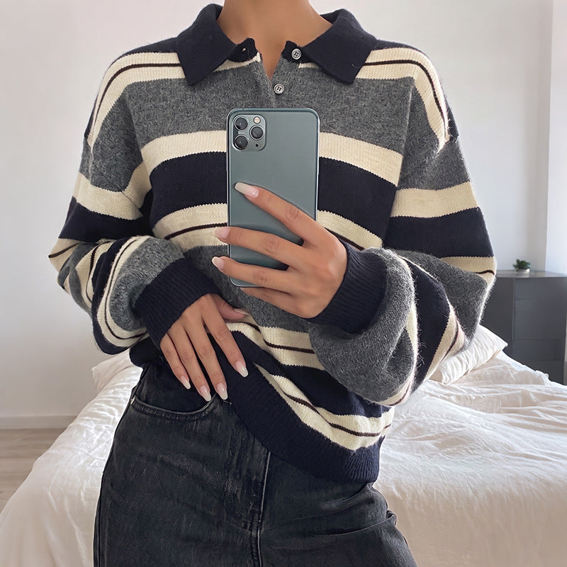 Contrast Striped Polo Collar Relaxed Knit Sweater