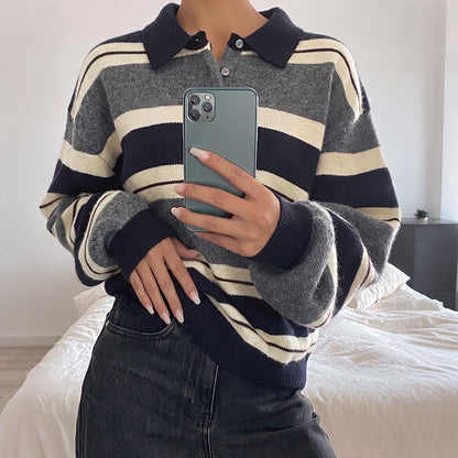 Contrast Striped Polo Collar Relaxed Knit Sweater