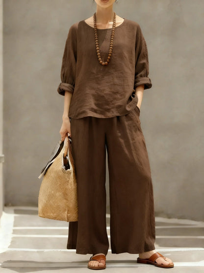 Women's Linen Cotton Matching Set Wide Leg Pants Two Piece