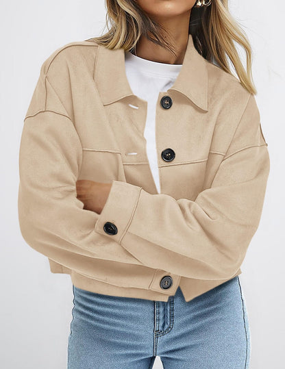 Faux Suede Cropped Button Front Jacket with Pockets