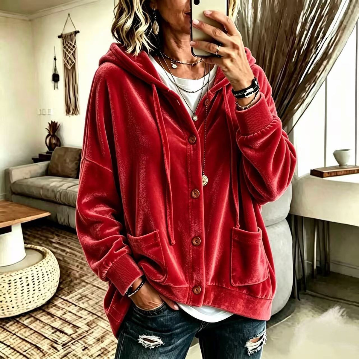 Women's Velvet Hooded Button Up Cardigan