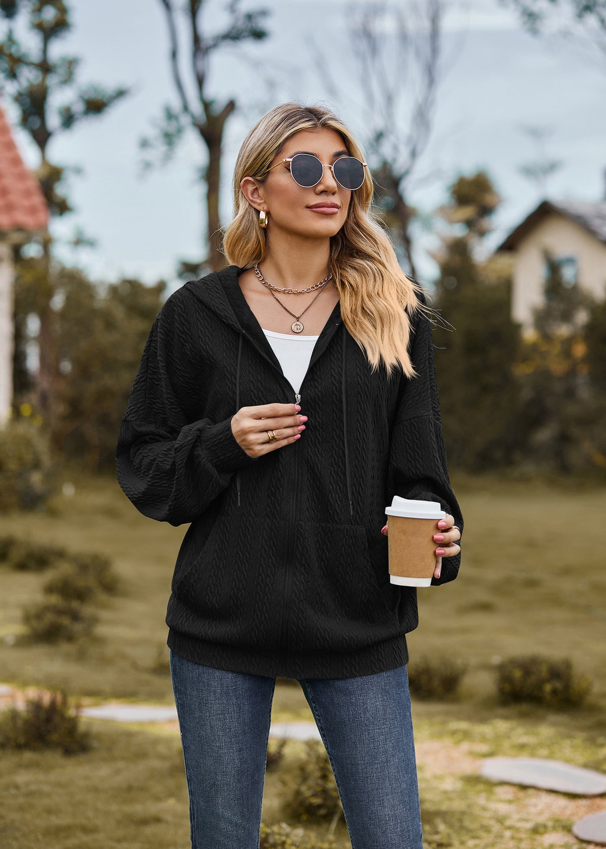Oversized Textured Zip-Up Hoodie Jacket Pockets