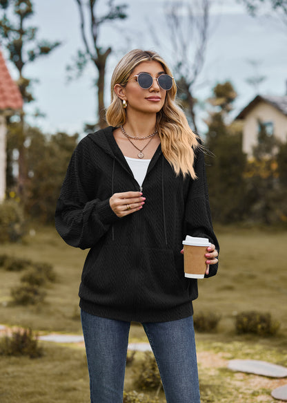 Oversized Textured Zip-Up Hoodie Jacket Pockets