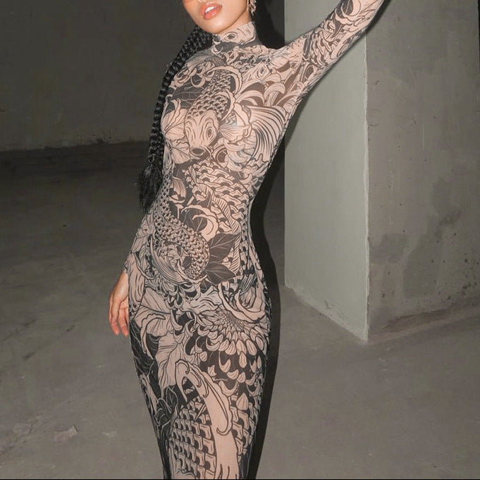 Sheer Mesh High Neck Printed Bodycon Maxi Dress