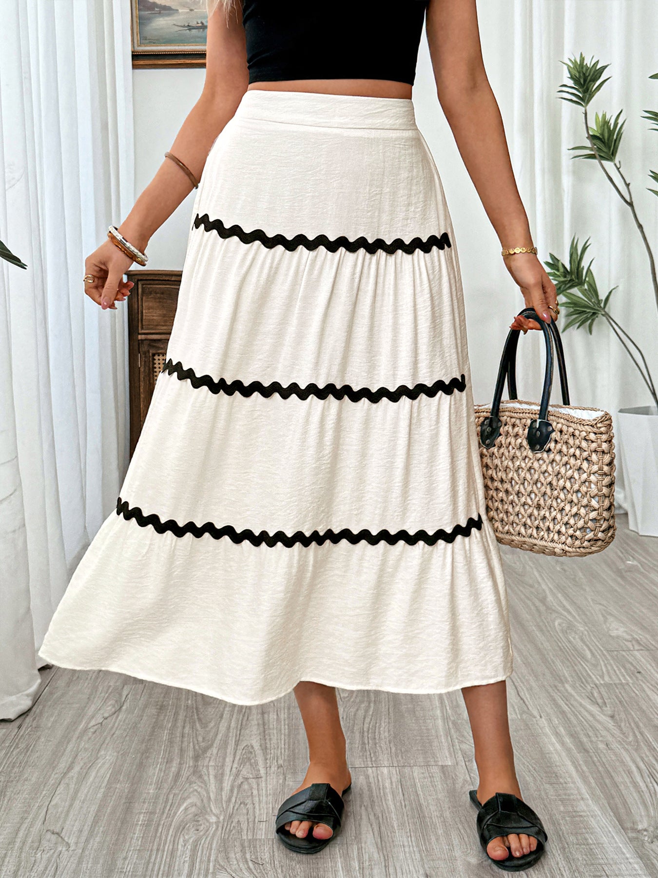 Elastic Waist Tiered Midi Skirt Color Block Boho Casual Flowy