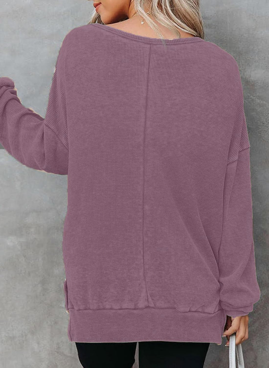 Waffle Split Hem Sweatshirt Women Casual Long Sleeve Top