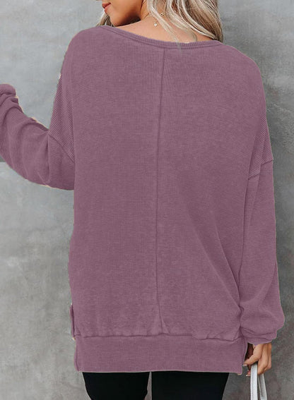 Waffle Split Hem Sweatshirt Women Casual Long Sleeve Top
