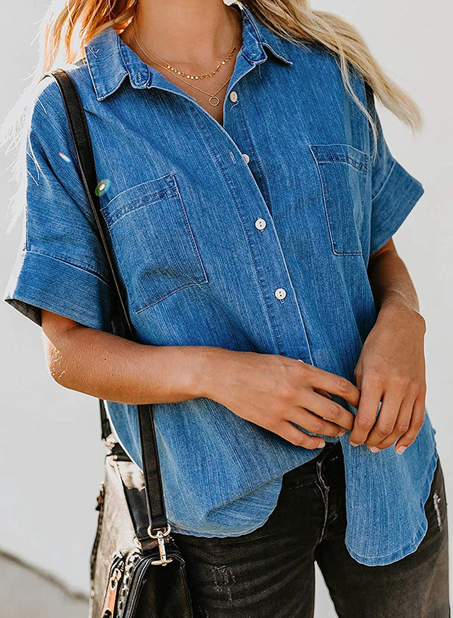 Loose Fit Denim Shirt Women Collared Short Sleeve Top
