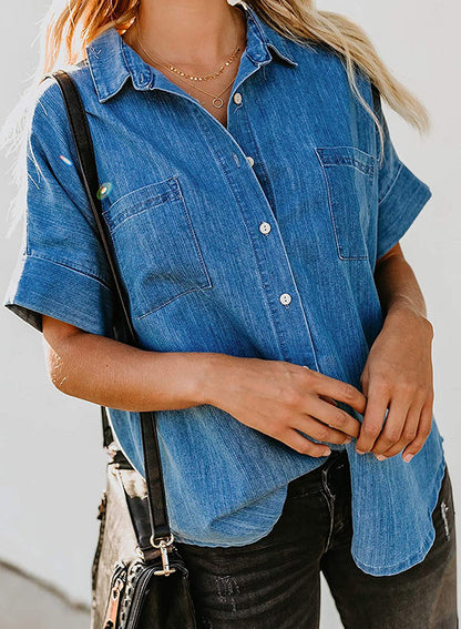 Loose Fit Denim Shirt Women Collared Short Sleeve Top